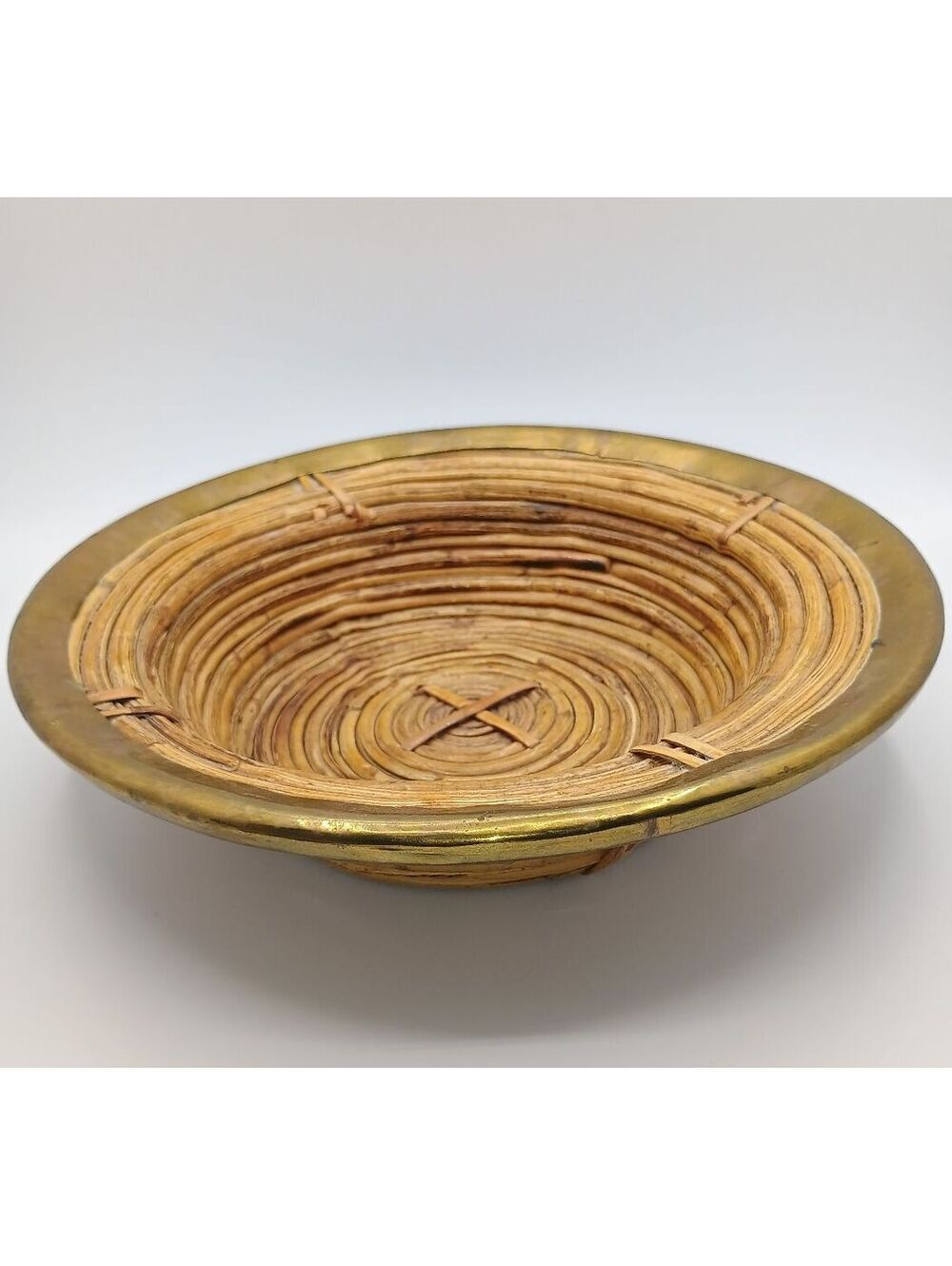 Vintage MCM Pencil Reed Rattan Bowl with a Brass Rim Gabriella Crespi Style